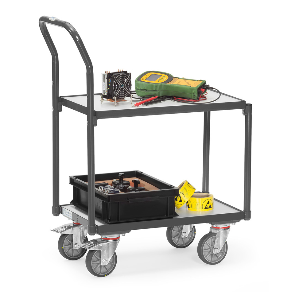 Produktbild ESD-Eurokastenroller 605 x 405 mit 2 Böden und Schiebebügel